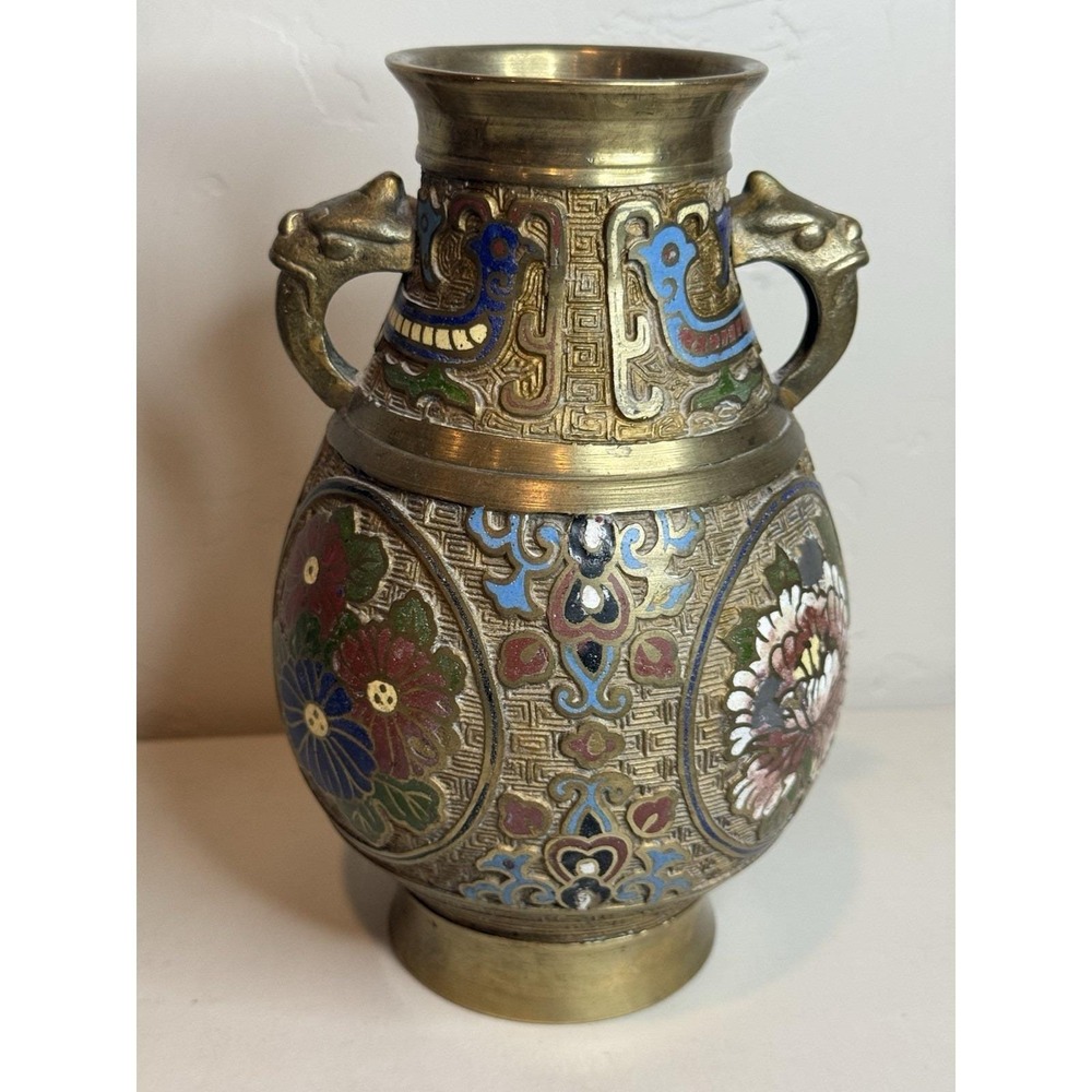 Vintage Japanese Champleve Enamel Brass Bronze Vase Urn Dragon Handle Antique